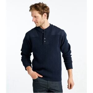 LL Bean Sweater Mens Large Military Commando Henley Blue Merino Wool Popover